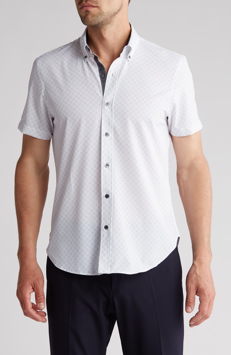 CONSTRUCT Slim Fit Geometric Four-Way Stretch Performance Short Sleeve Button-Down Shirt, Main, color, White