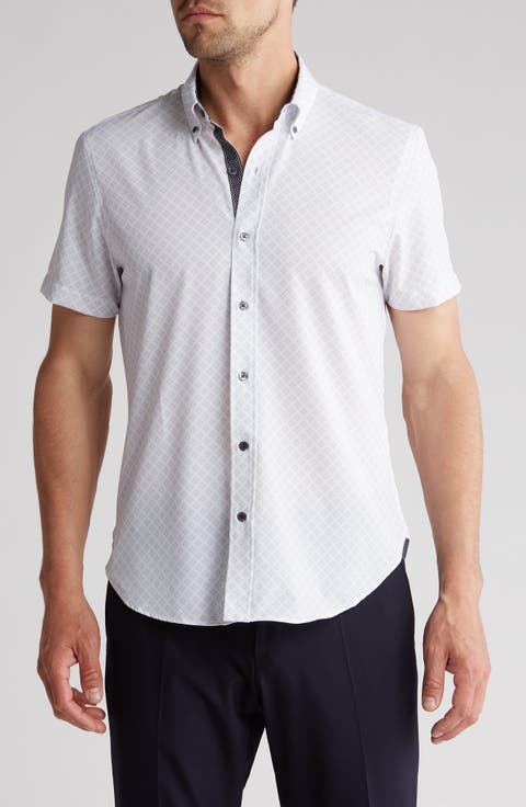 Slim Fit Geometric Four-Way Stretch Performance Short Sleeve Button-Down Shirt