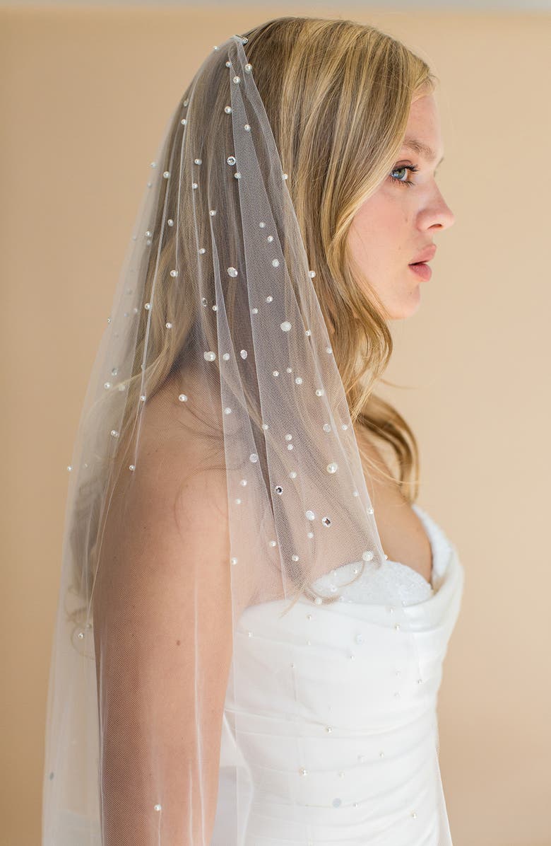 Brides & Hairpins Ione Crystal & Imitation Pearl Fingertip Veil, Alternate, color, Ivory
