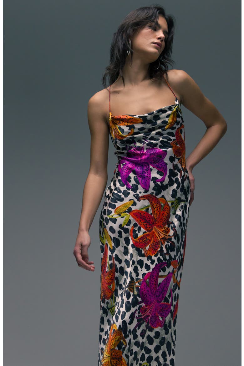 Print Cowl Neck Open Back Midi Slipdress, Alternate, color, WHITE MULTI