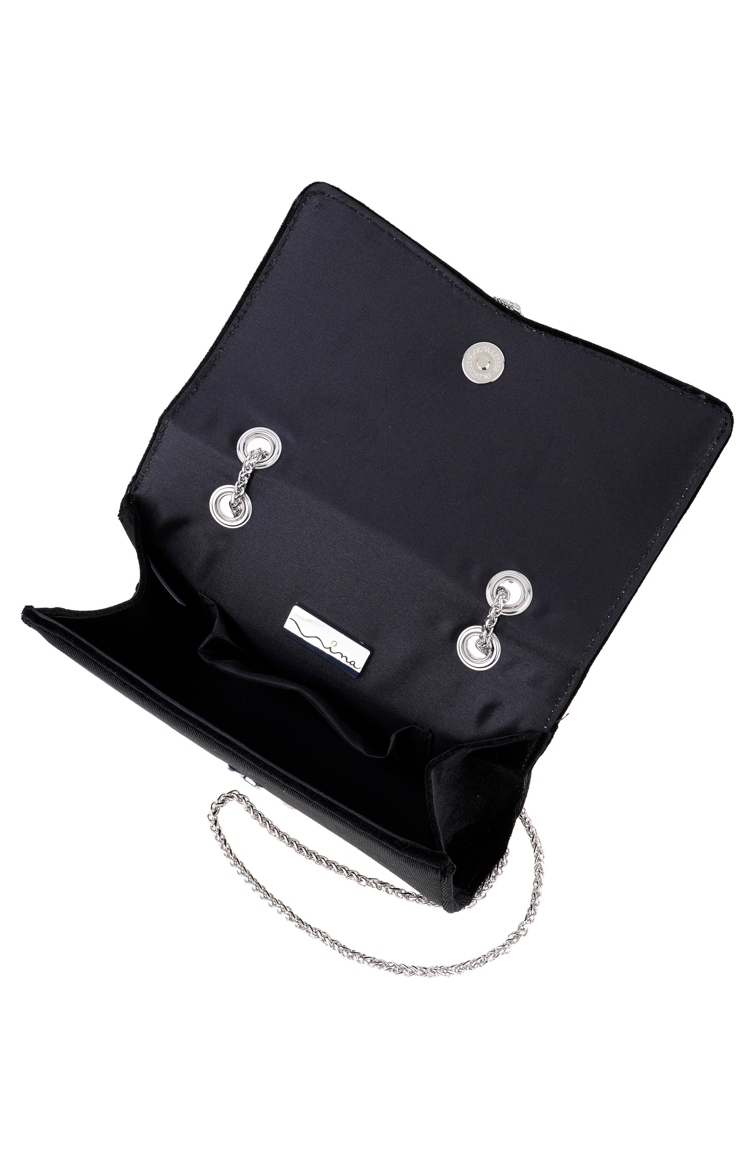 Navi Crystal Brooch Velvet Clutch, Alternate, color, BLACK