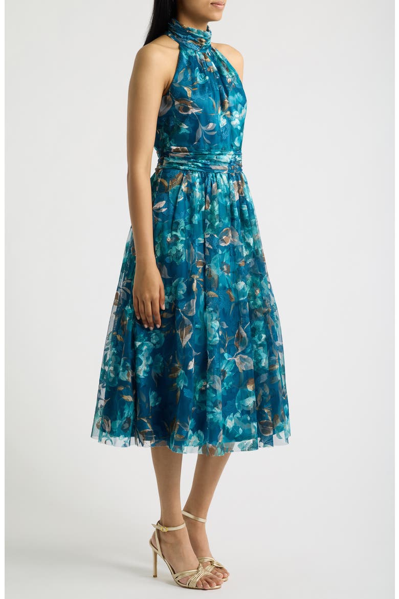 Floral Embroidered Midi Cocktail Dress, Alternate, color, TEAL
