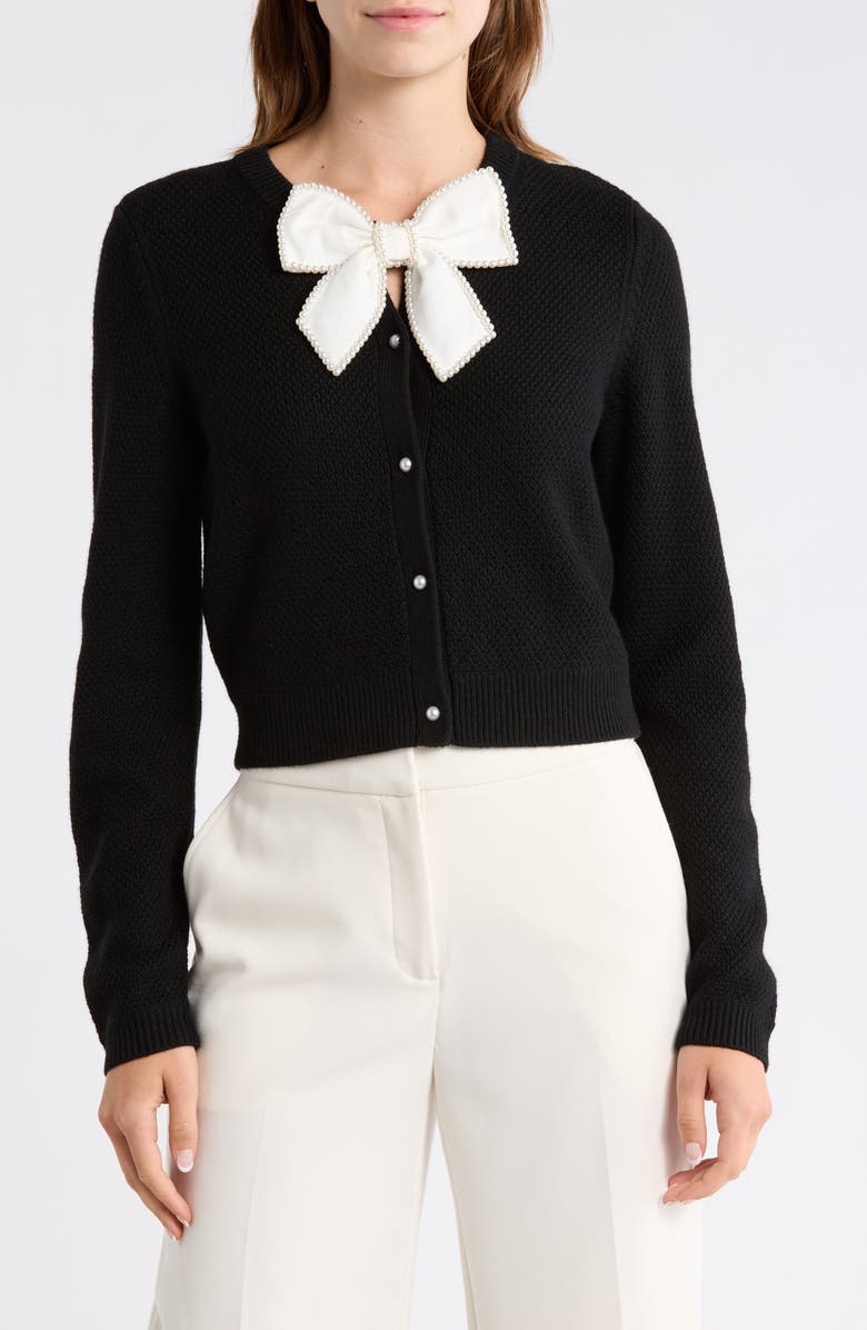 Alice + Olivia Dollie Pearly Bow Wool Blend Crop Cardigan, Main, color, Black/ Soft White
