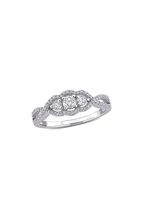 Diamond 3-Stone Halo Engagement Ring - 0.5ct.