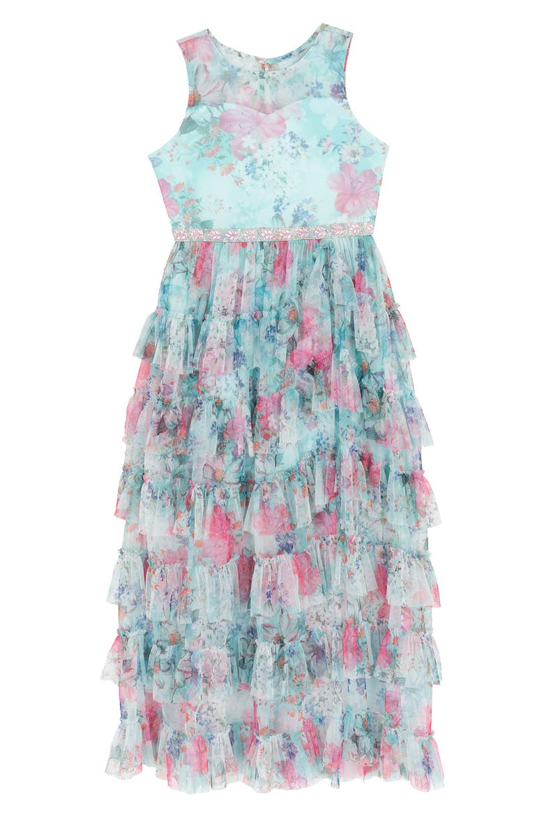 Floral Glitter Mesh Ruffle Tiered Party Dress, Main, color, TEAL