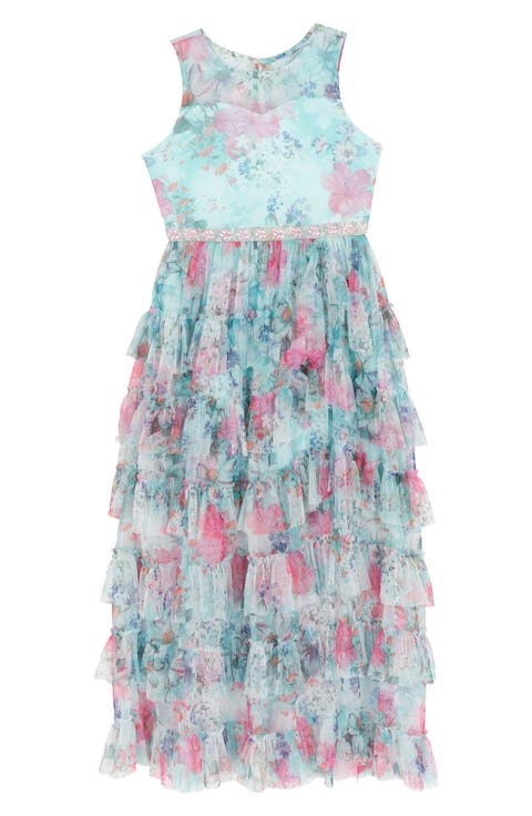 Floral Glitter Mesh Ruffle Tiered Party Dress (Big Kid)