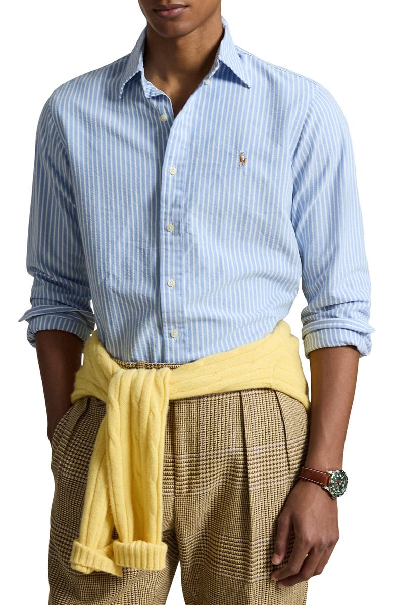 Polo Ralph Lauren Classic Fit Stripe Cotton Seersucker Button-Down Shirt, Main, color, 7124A Bsr Blue White