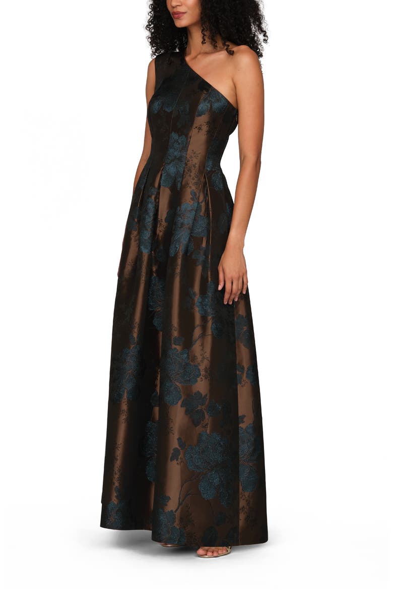 Brynlee Metallic Floral Jacquard One-Shoulder Gown, Alternate, color, GOLD/ DARK TWILIGHT