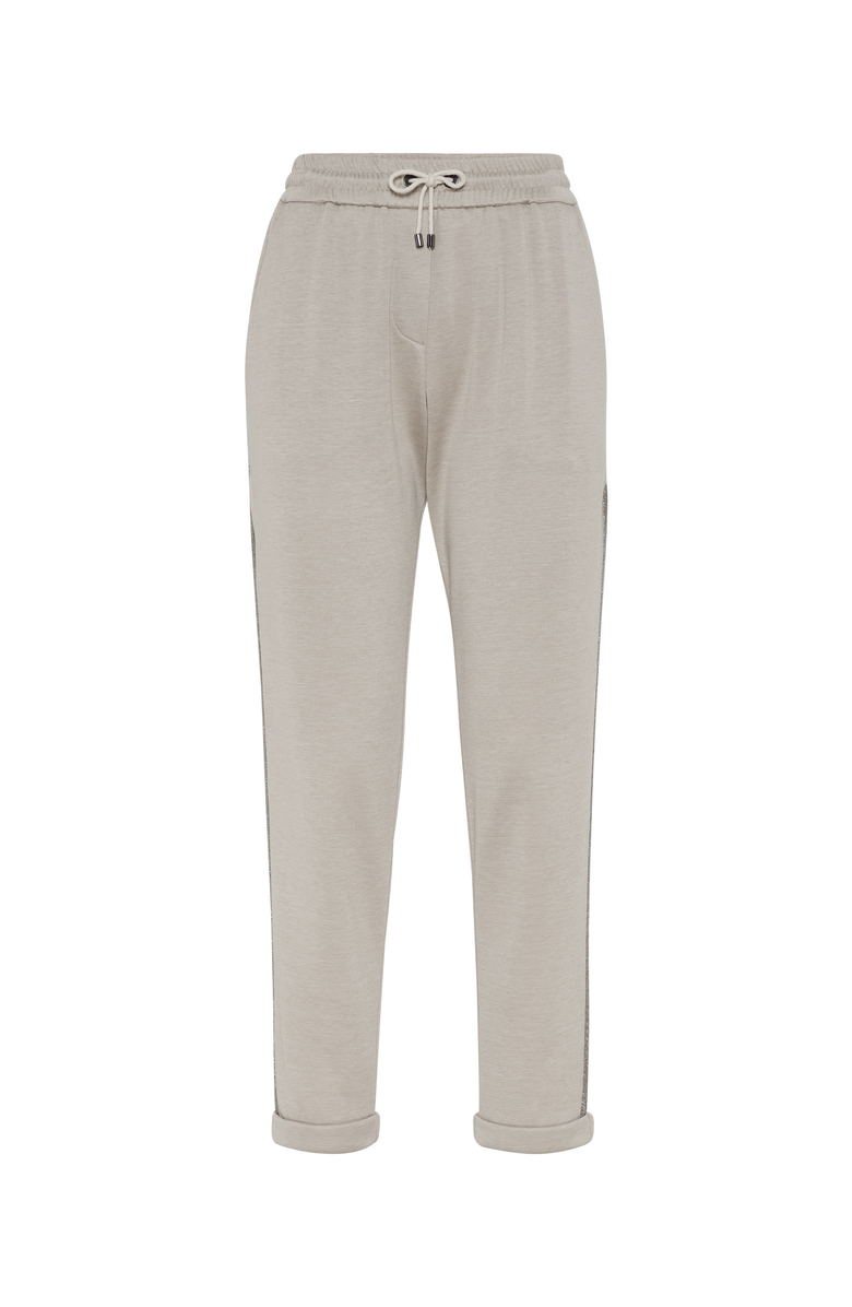 Brunello Cucinelli Comfort cotton and silk interlock trousers with Precious stripe, Main, color, 