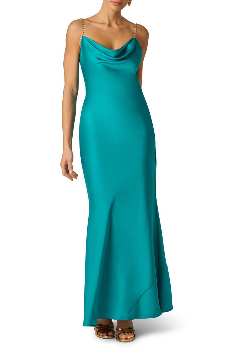 Stretch Satin Mermaid Gown, Main, color, TURQUOISE