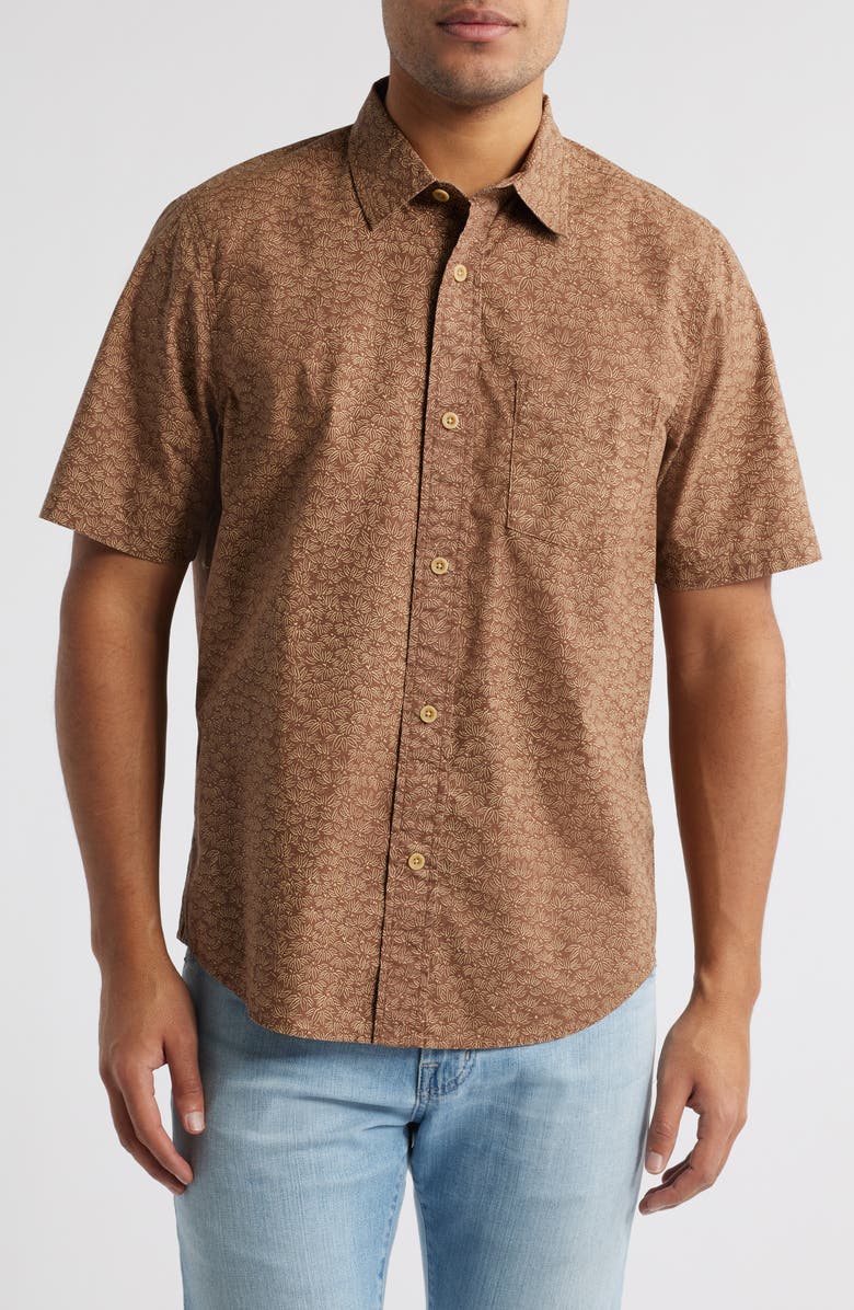 Treasure & Bond Lived-In Leaf Print Short Sleeve Cotton Poplin Button-Up Shirt, Main, color, Brown Micro Palms