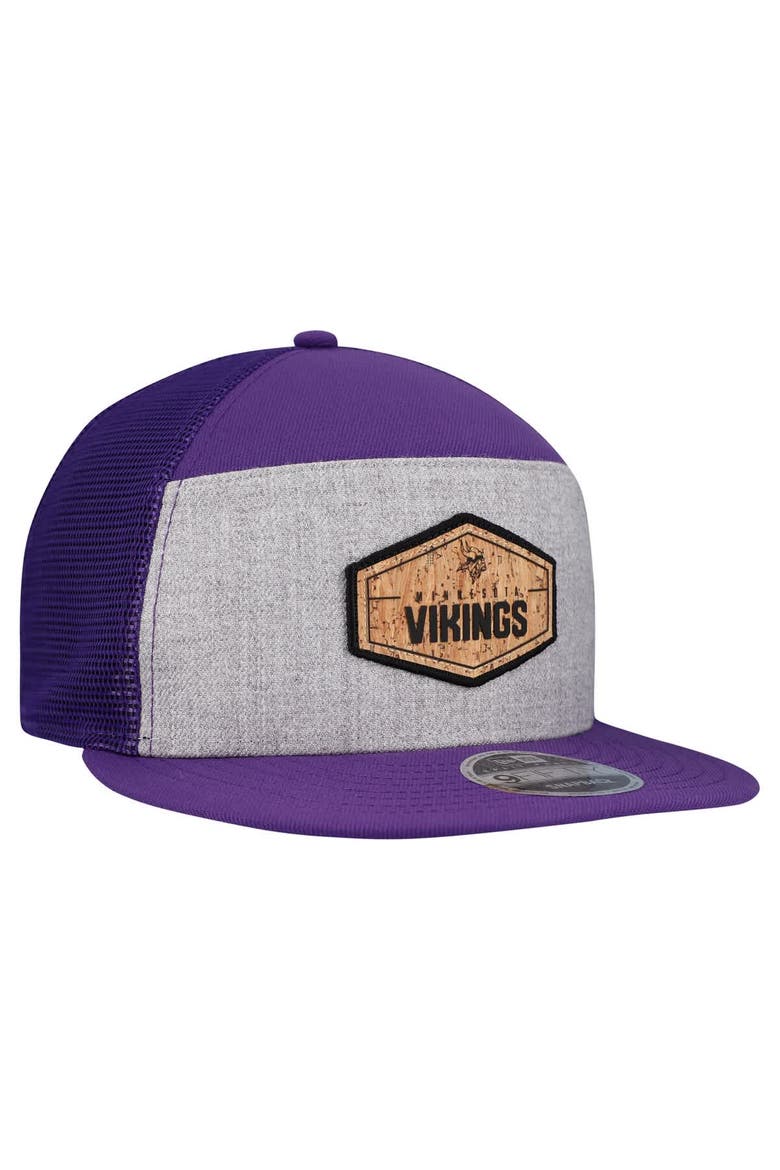 Men's New Era  Gray/Purple Minnesota Vikings Cork Split Panel 9FIFTY Trucker Snapback Hat, Alternate, color, Gray