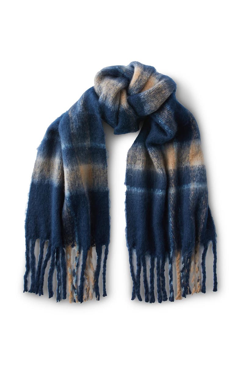 Rubi Shoes Phoebe Brushed Tassel Scarf, Main, color, Celeste Check Oxford Navy