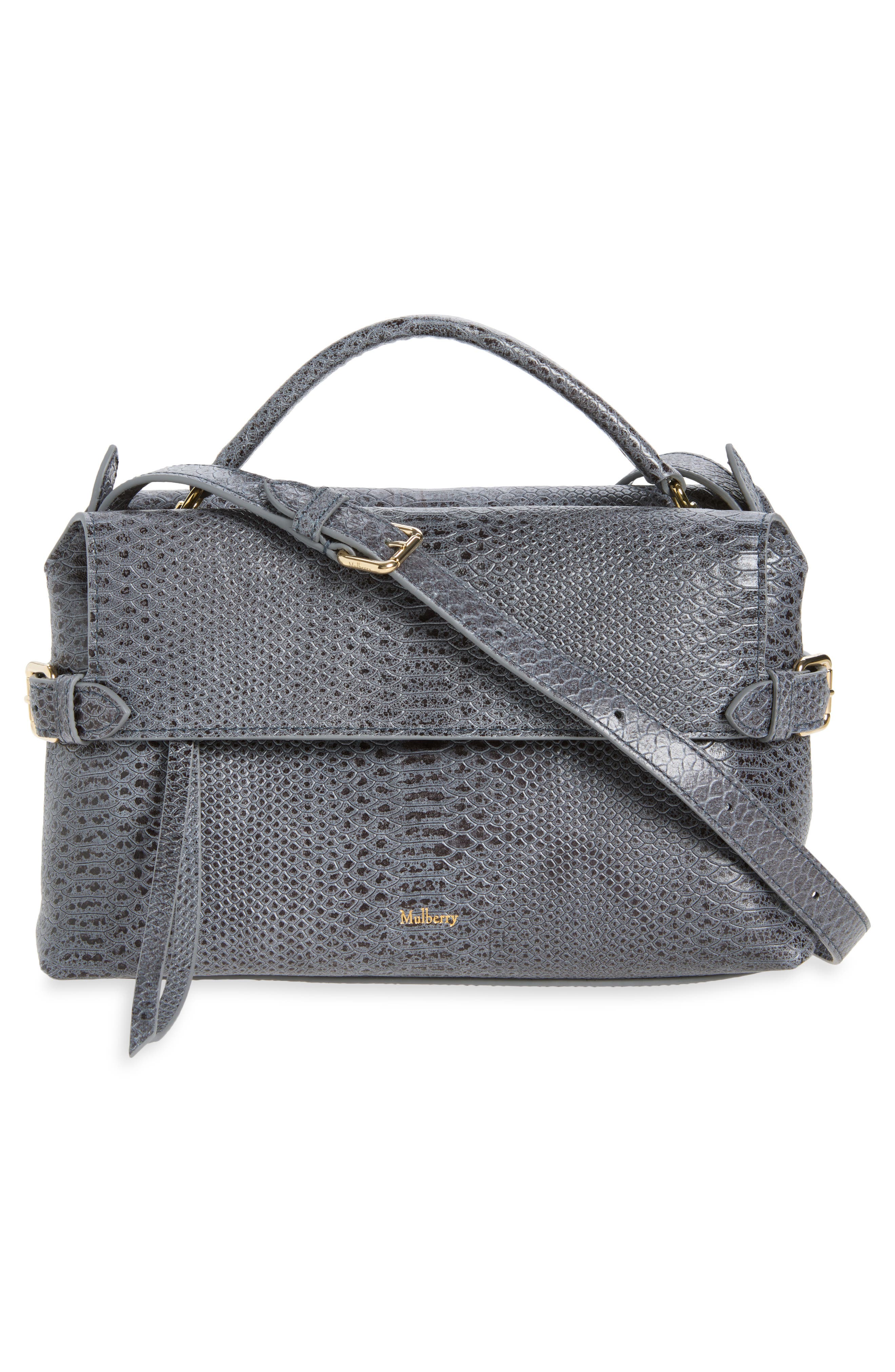 Small Stevie Snake Embossed Leather Top Handle Bag, Alternate, color, FOGGY GREY