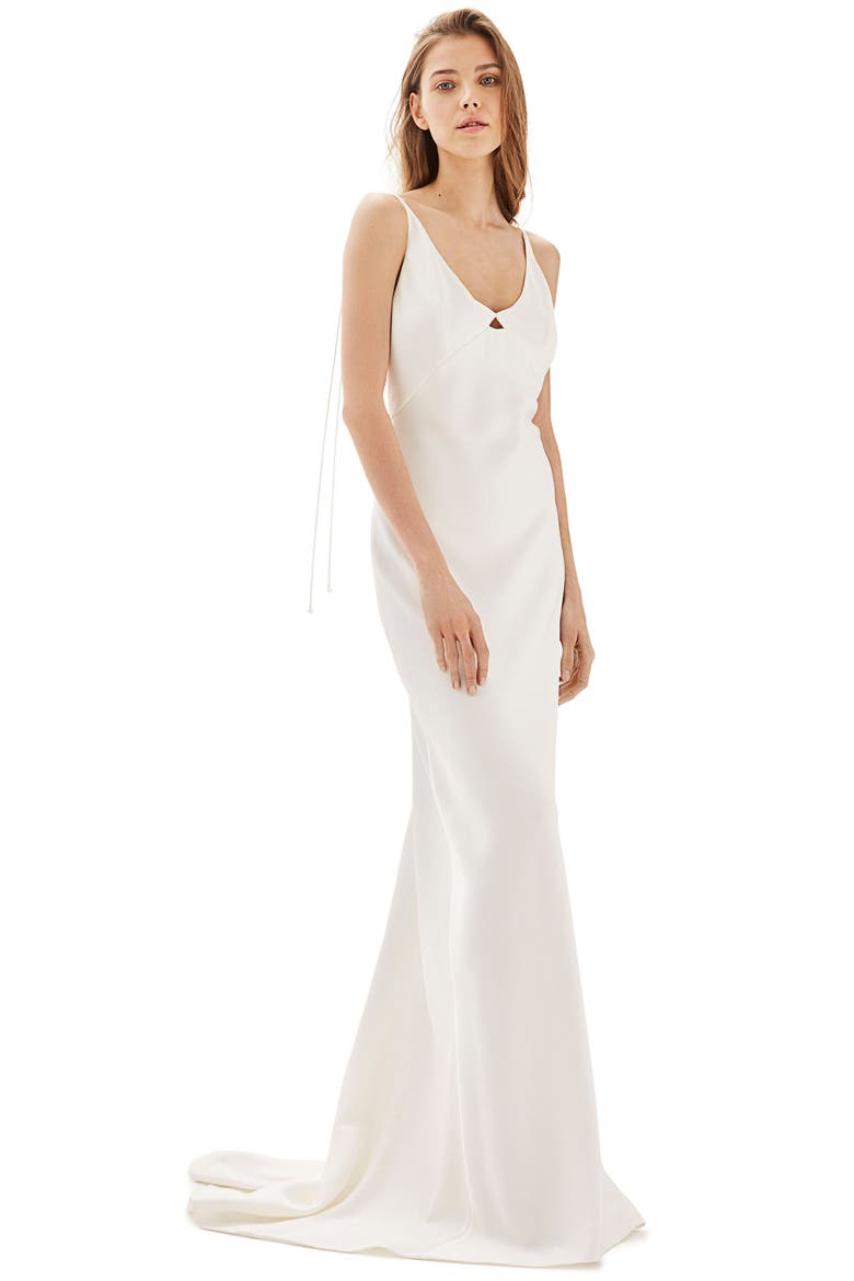 Bride V-Neck Satin Sheath Gown, Main, color, IVORY