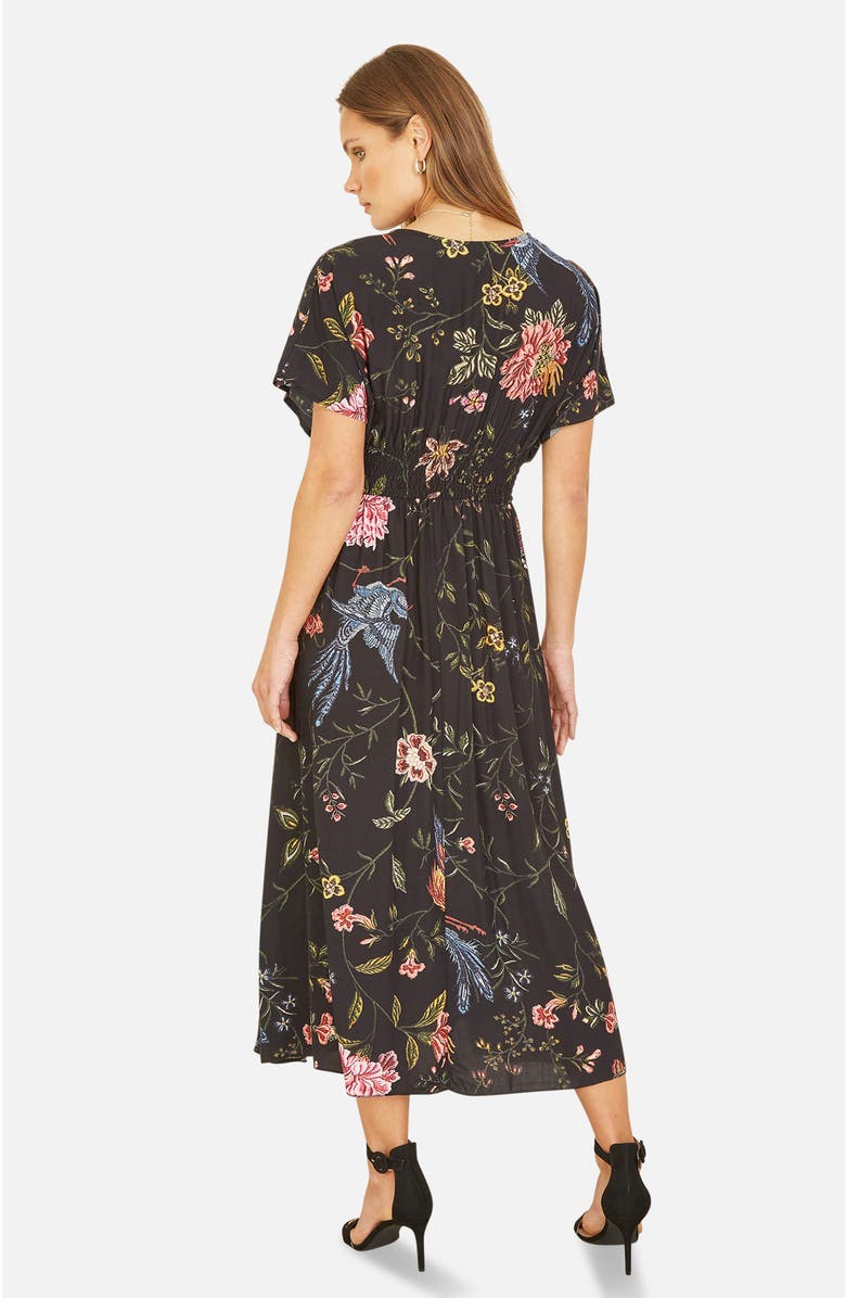Yumi Short Sleeve V-Neck Ruched Midi Dress, Alternate, color, Black