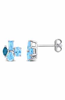 Sterling Silver Swiss and London Blue Topaz Cluster Stud Earrings