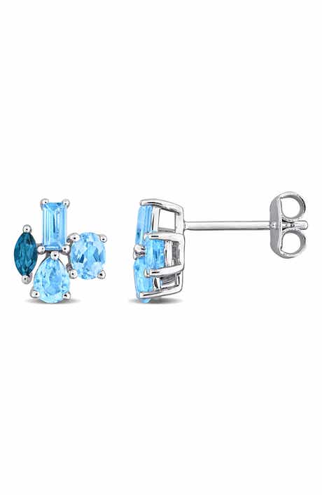 Sterling Silver Swiss and London Blue Topaz Cluster Stud Earrings