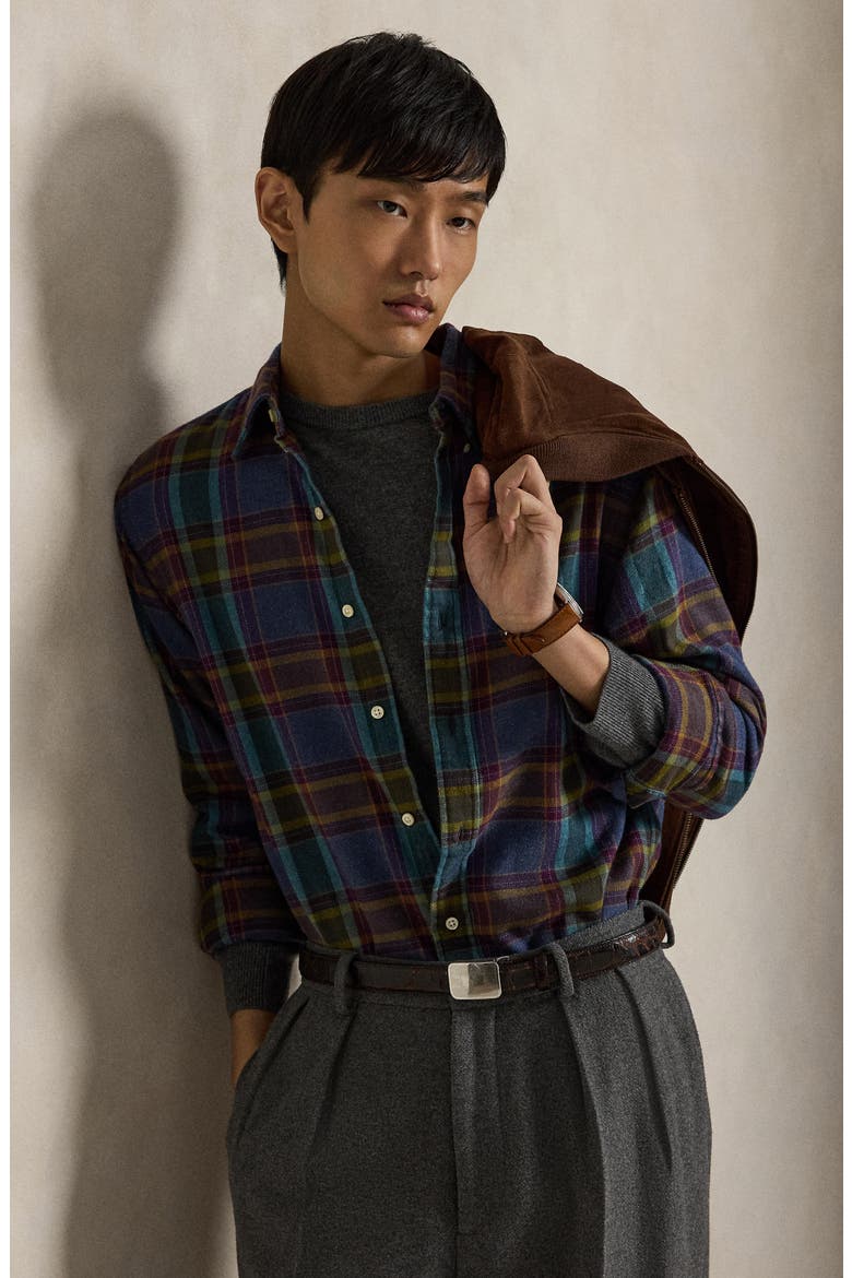 Plad Brushed Cotton Flannel Button-Down Shirt, Alternate, color, BLUE/ PRPL