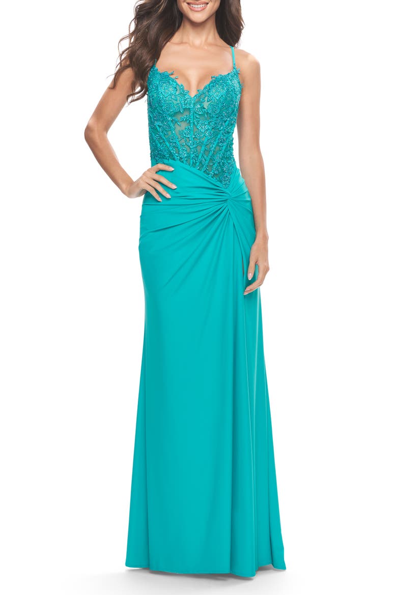 Lace Asymmetrical Gown with Jersey Skirt and Twist Knot Detail in Neon, Alternate, color, Aqua