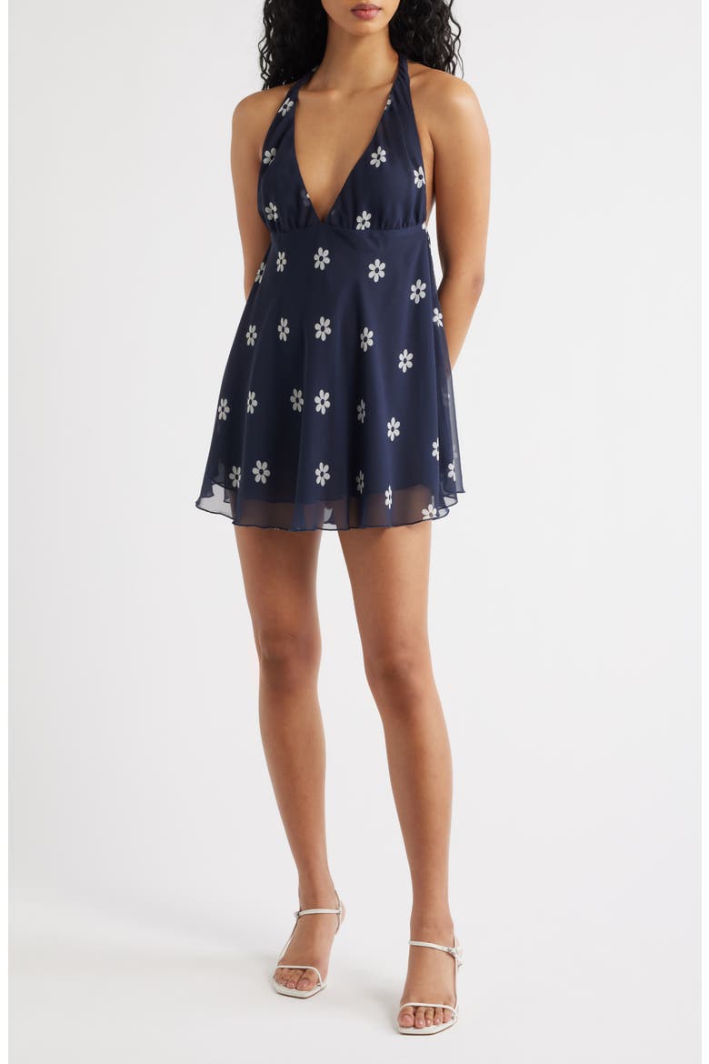 Ryan Daisy Print Halter Neck Minidress, Main, color, NAVY