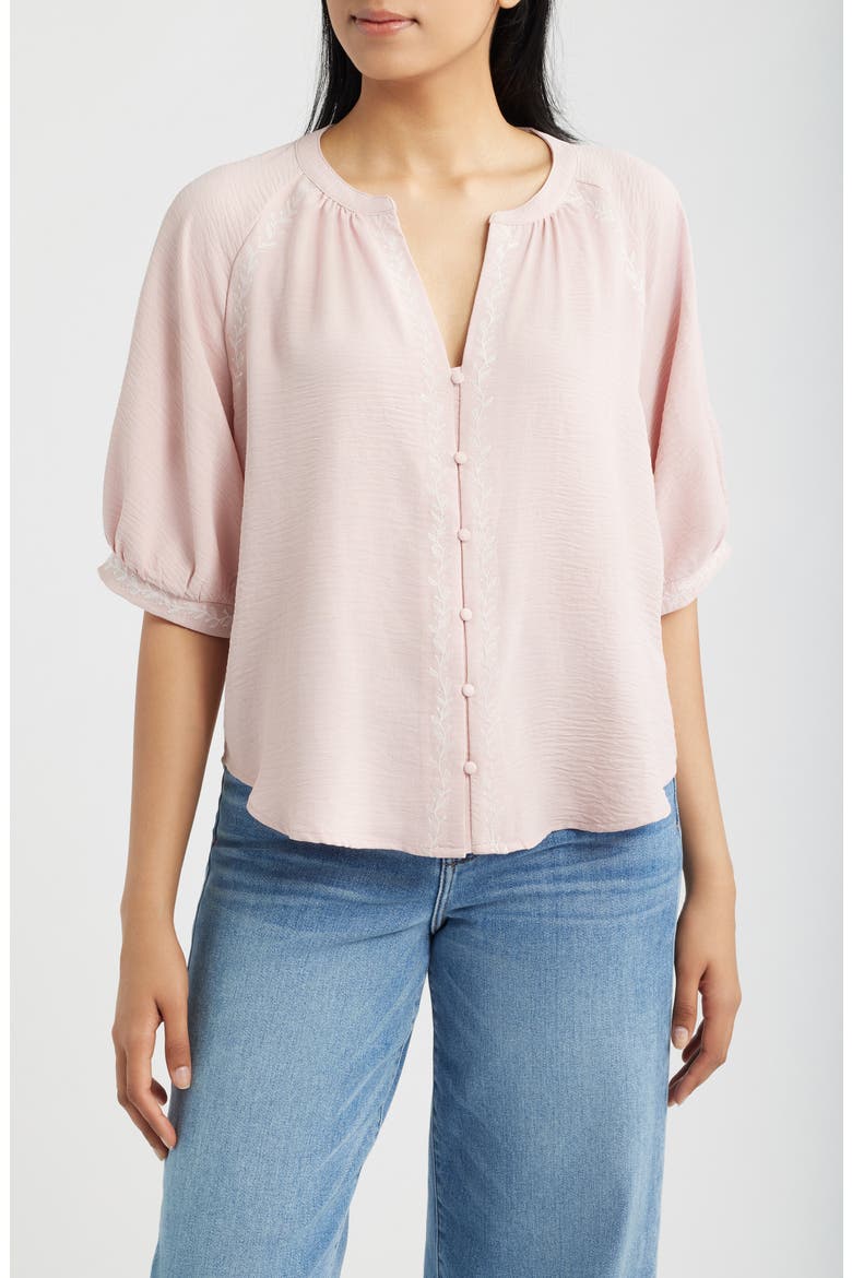 Embroidered Button-Up Top, Main, color, DUSTY PINK/ WHITE