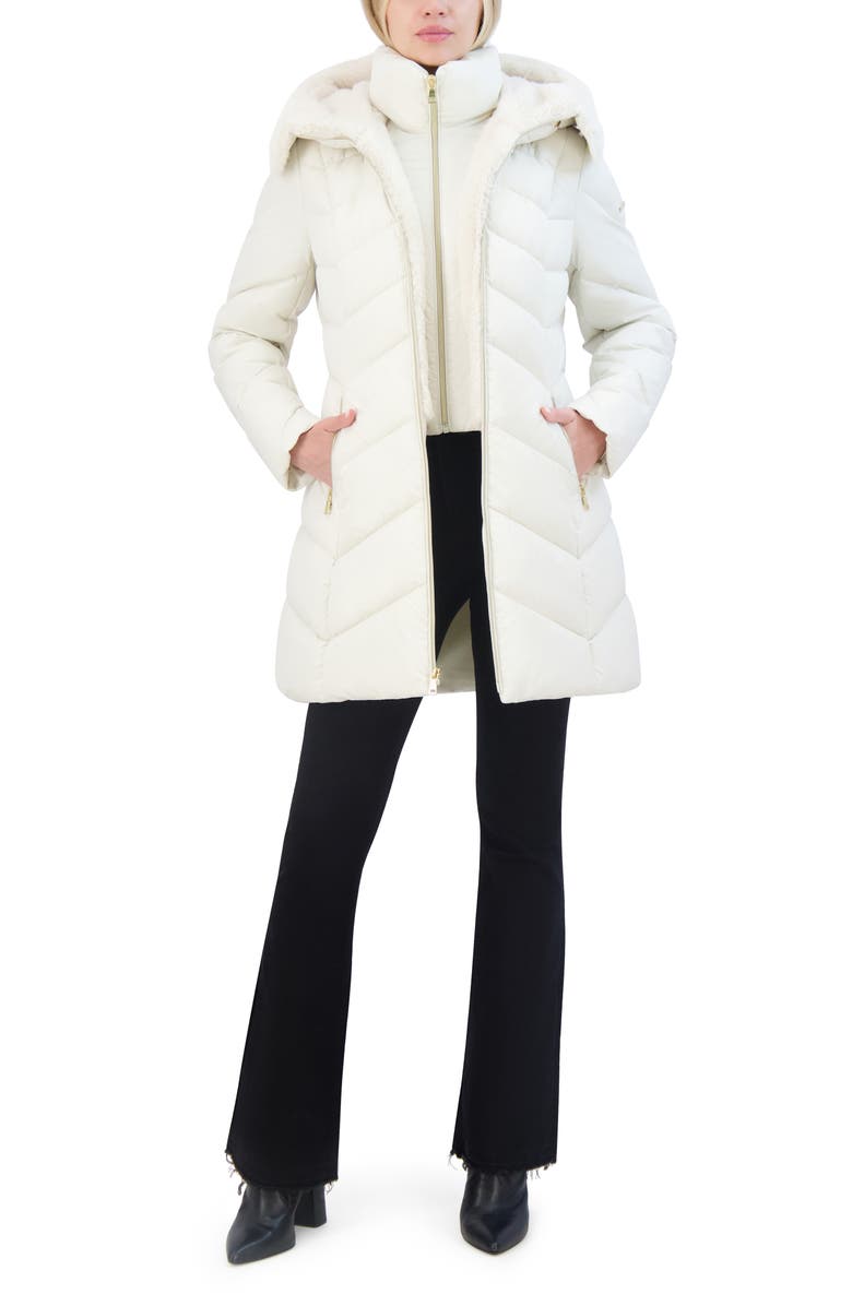 Laundry by Shelli Segal Faux Fur Trim Bibbed Puffer Jacket, Alternate, color, Cream
