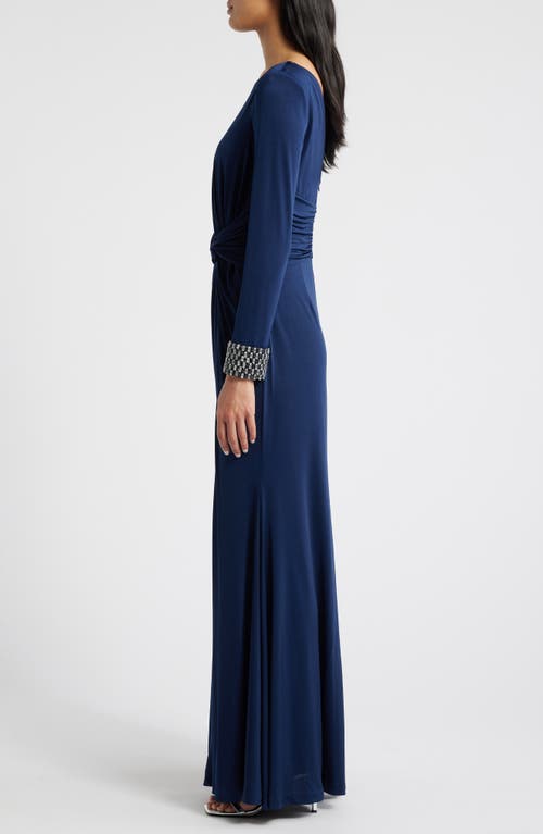 Vince Camuto Center Knot Beaded Cuff Long Sleeve Jersey Gown In Navy