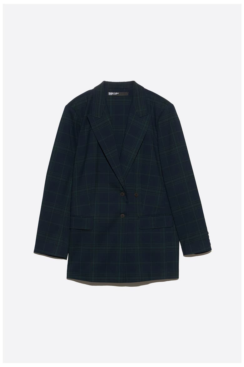 Checked Double-Breasted Tailored Jacket, Alternate, color, NAVY