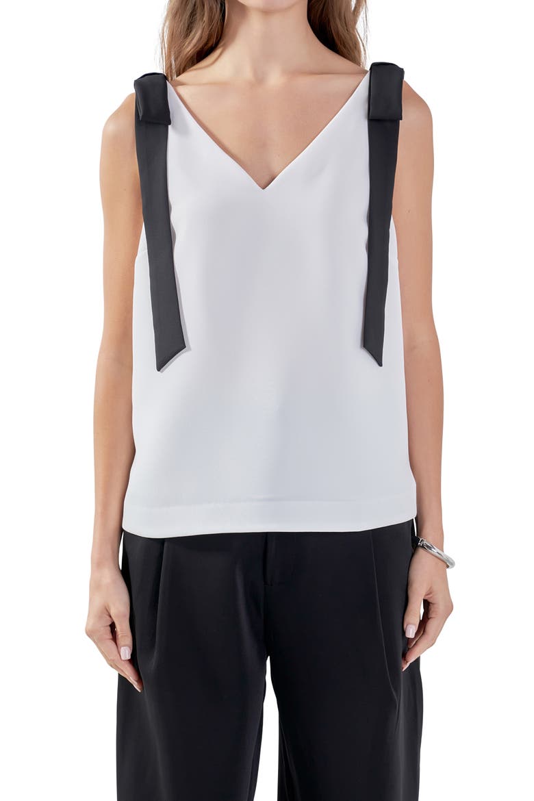 Contrast Bow V-Neck Tank Top, Alternate, color, OFF WHITE