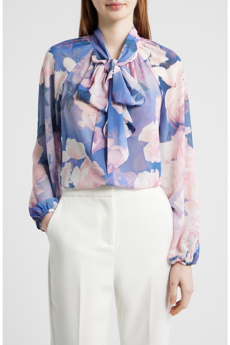 Floral Print Tie Neck Top, Main, color, BLUE PETAL FLORAL