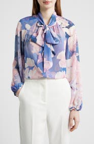 Tahari ASL Floral Print Tie Neck Top