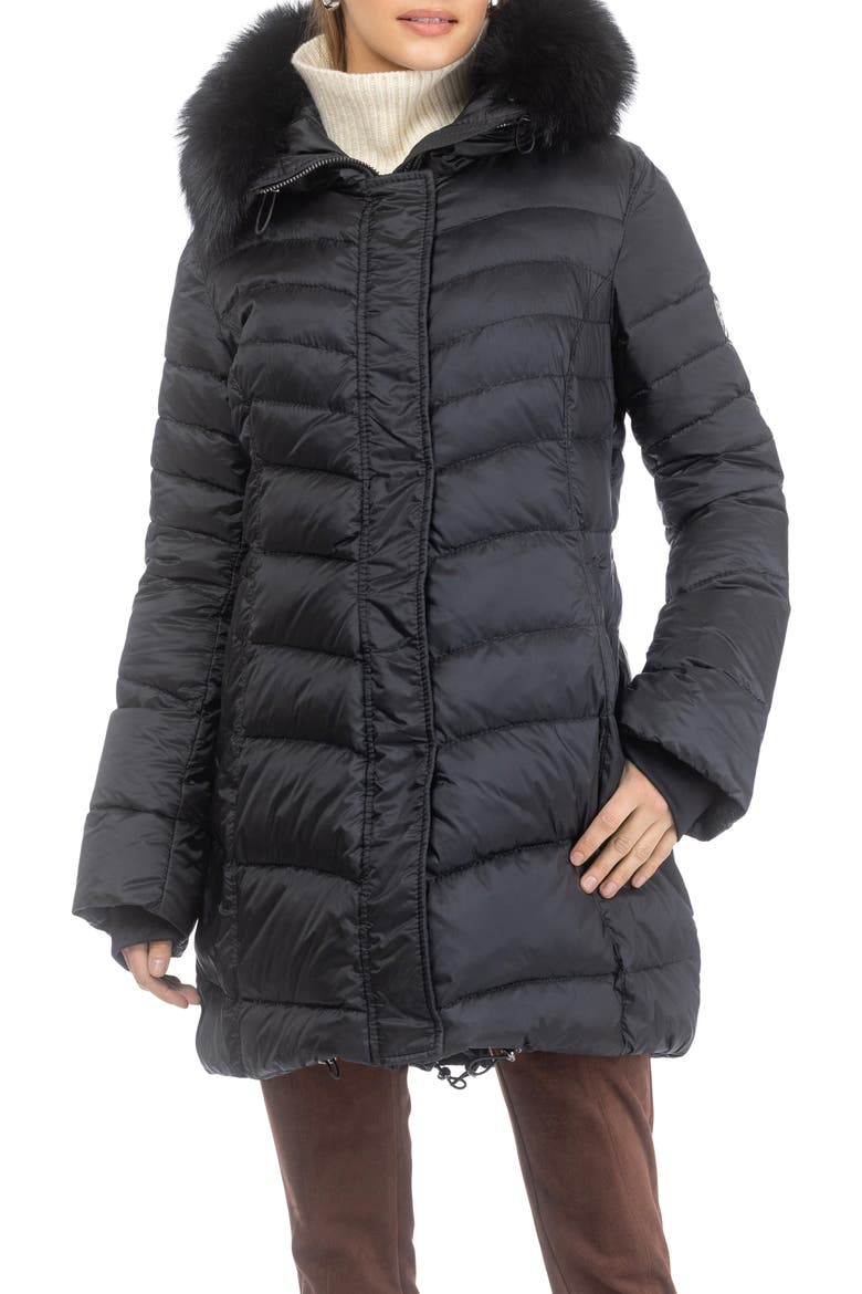 Apres-Ski Chevron Long Parka with Detachable Toscana Lamb Hood Trim, Main, color, Black/Black