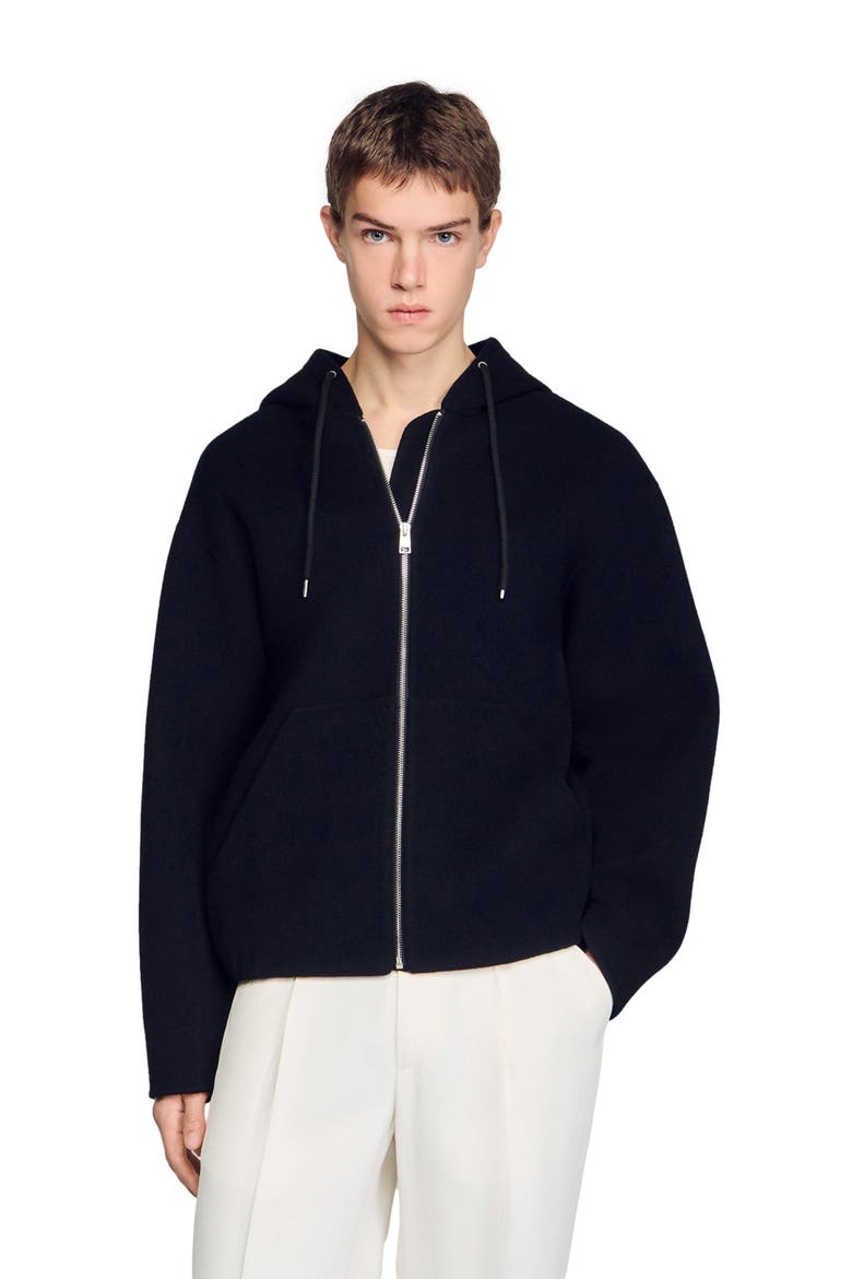 Hooded zip-up wool jacket, Alternate, color, Black