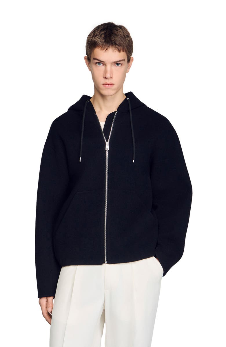 SANDRO Hooded zip-up wool jacket, Alternate, color, Black