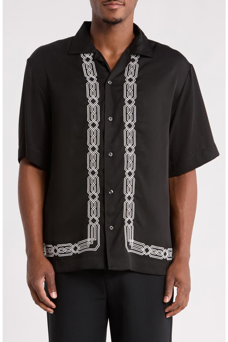 Espino Embroidered Short Sleeve Button-Up Shirt, Main, color, BLACK