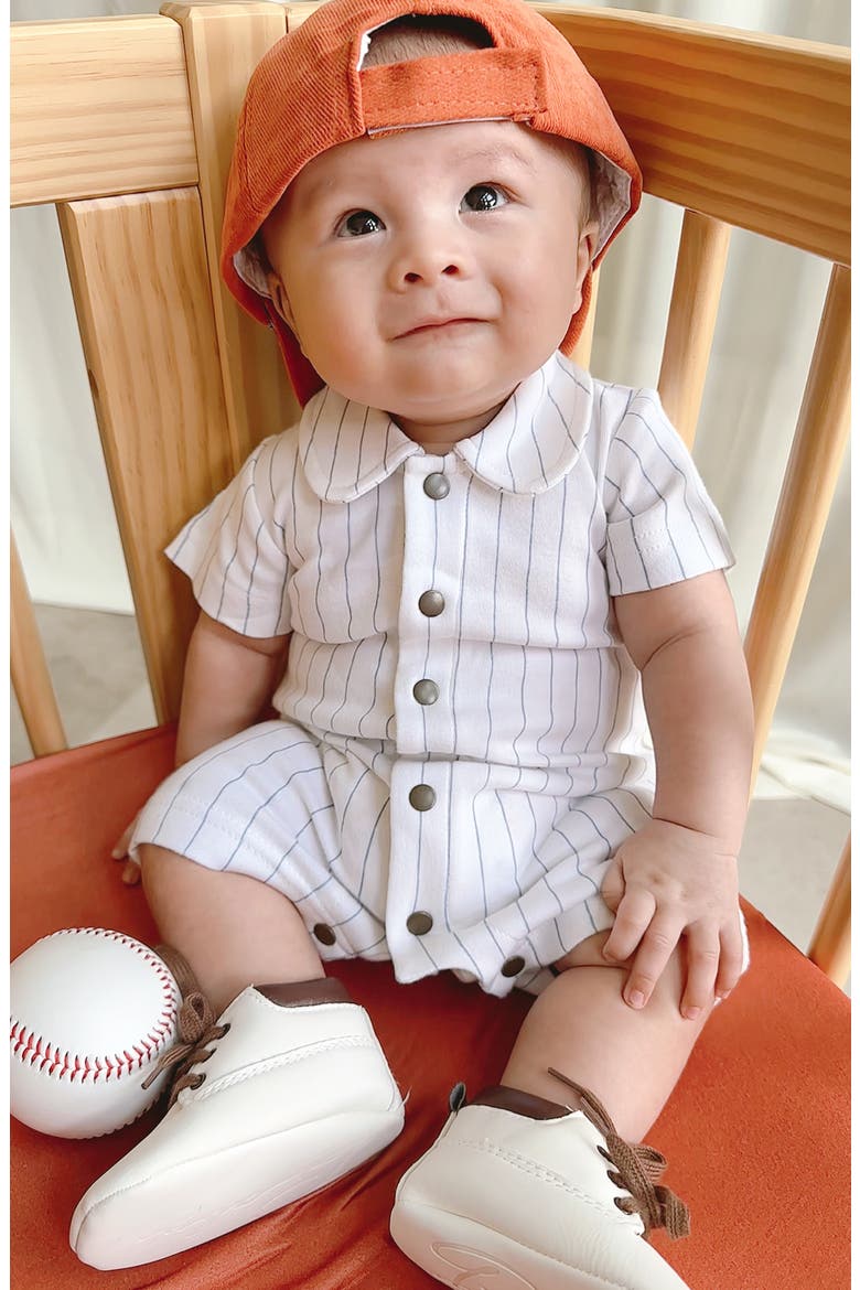 Pinstripe Organic Cotton Romper, Alternate, color, POOL PINSTRIPE