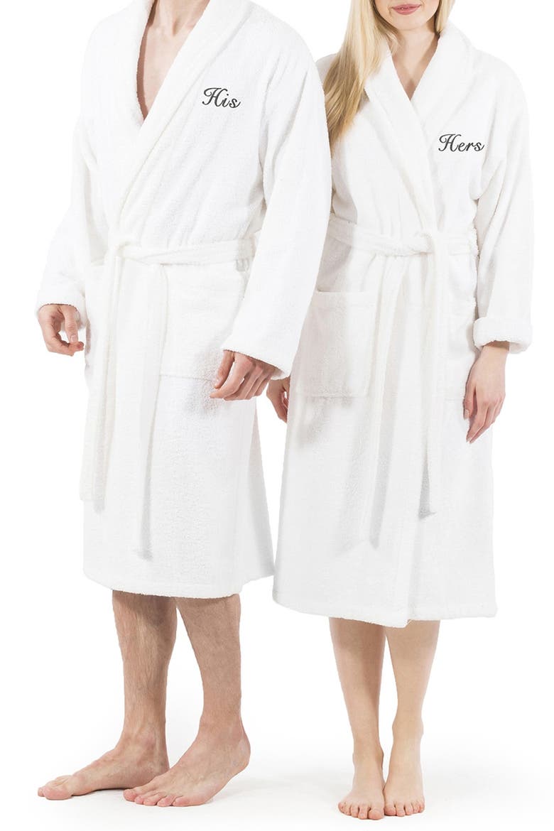 Embroidered 'His' Terry Bathrobe, Alternate, color, WHITE