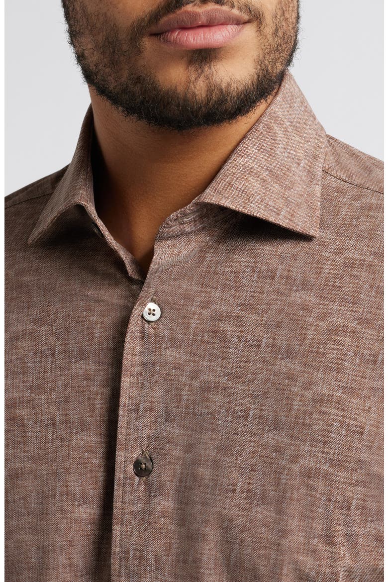 Jagged Heathered Herringbone Print Knit Nylon Blend Dress Shirt, Alternate, color, BROWN