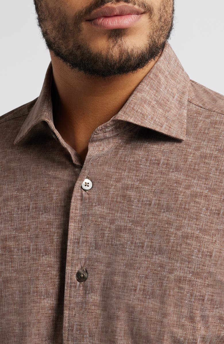 Zanella Jagged Heathered Herringbone Print Knit Nylon Blend Dress Shirt, Alternate, color, Brown