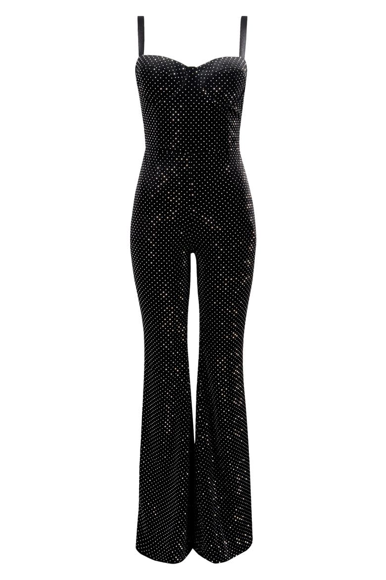 Roxanne Crystal Velvet Flare Leg Jumpsuit, Alternate, color, BLACK