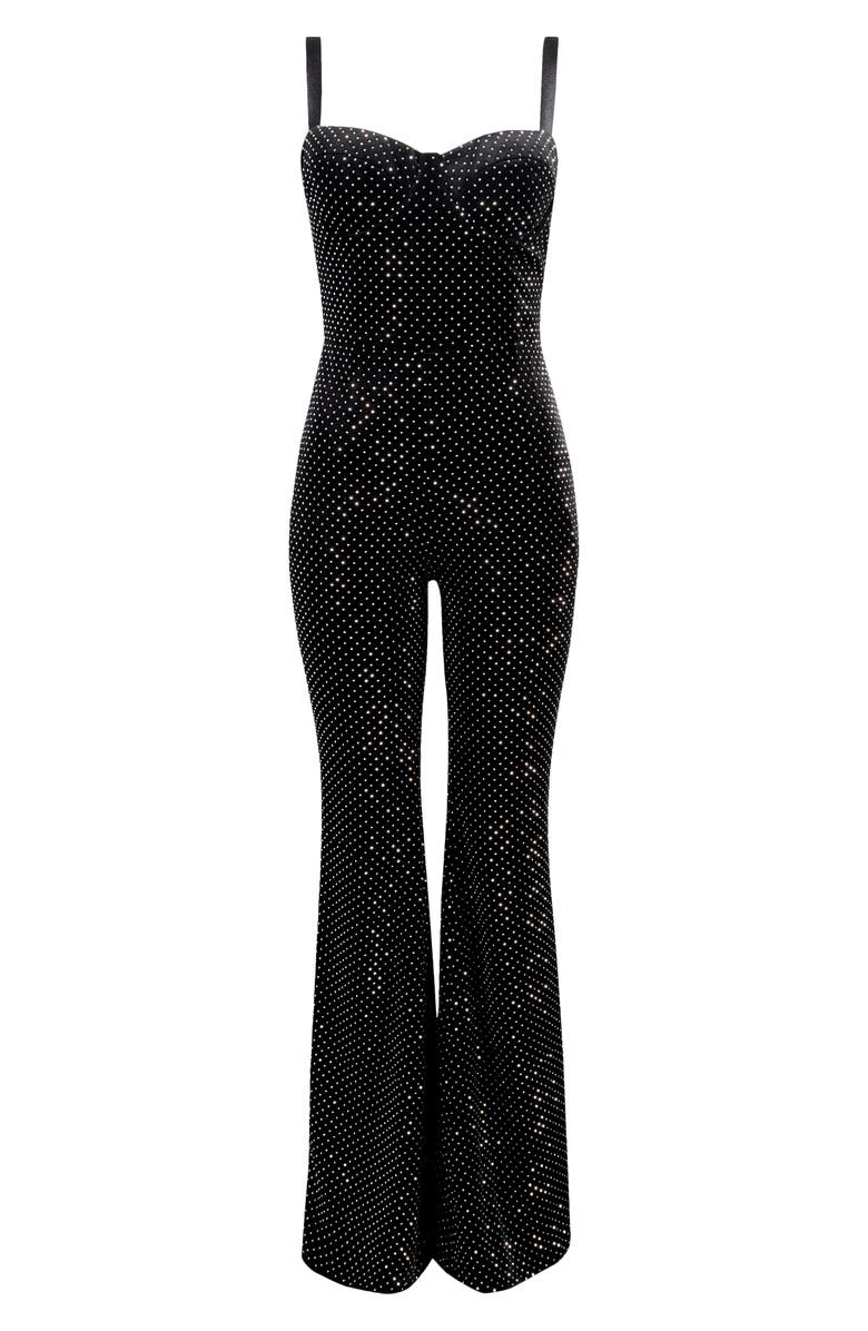 NADINE MERABI Roxanne Crystal Velvet Flare Leg Jumpsuit, Alternate, color, Black
