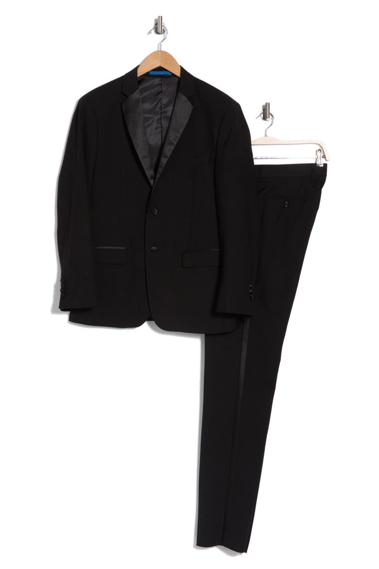 Satin Notch Lapel Stretch Tuxedo Suit, Alternate, color, BLACK