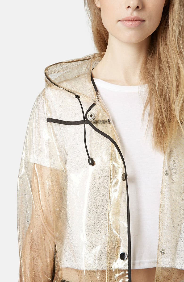 Topshop Gold Glitter Transparent Plastic Rain Jacket, Alternate, color,