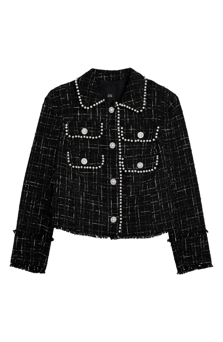 River Island Faux Pearl Crop Bouclé Blazer, Alternate, color, 