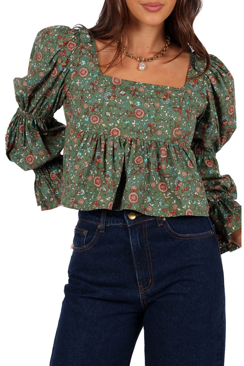 Kenny Bubble Sleeve Crop Top, Main, color, GREEN PAISLEY FLORAL