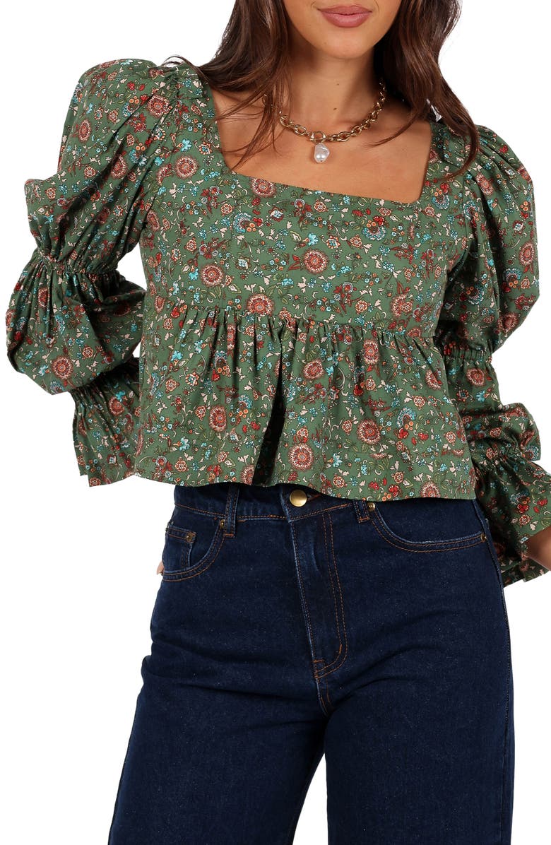 Petal & Pup Kenny Bubble Sleeve Crop Top, Main, color, Green Paisley Floral