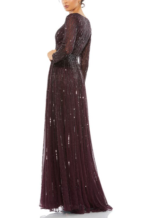 Mac Duggal Sequined Long Sleeve Plunging V-neck Gown In Mulberry