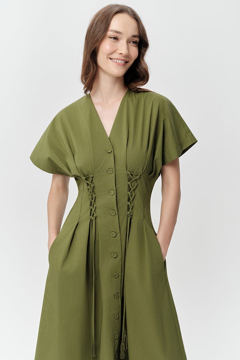 Andree V Neck Tie Waist Pocket Midi Dress, Alternate, color, Khaki