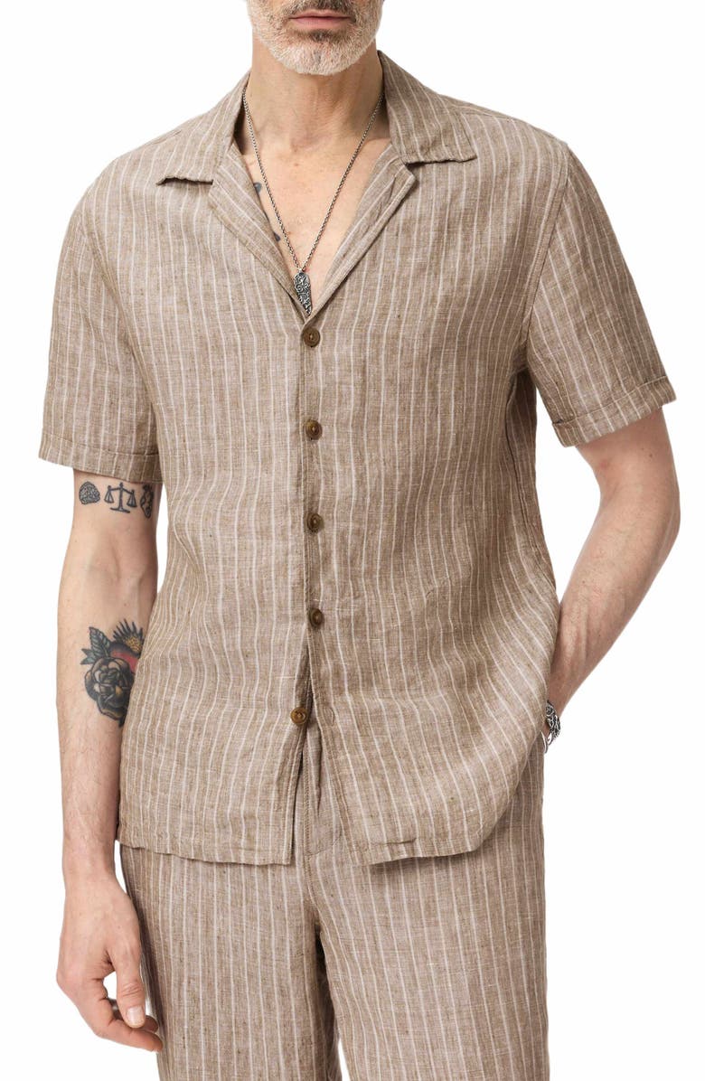 John Varvatos Grady Stripe Linen Camp Shirt, Main, color, Faded Twine